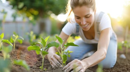 A joyful woman thrives in nature as she tends to young plants, immersed in outdoor gardening with a bright smile, representing growth, peace, and connection to earth.