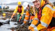 © LifeMedia - A woman in safety gear and raincoat smiles while participating in a seaweed cleanup effort on a rugged shoreline with other workers in the background, representing environmental care.