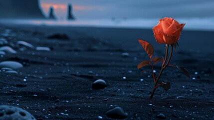 Wall Mural - On a quiet black-sand beach at night, a rose flower blooms, its vibrant color contrasting with the dark sand.