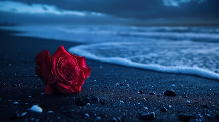 Wall Mural - On a quiet black-sand beach at night, a rose flower blooms, its vibrant color contrasting with the dark sand.