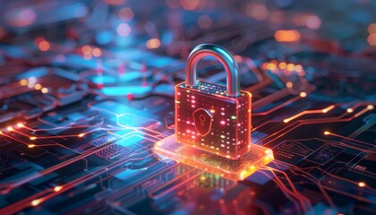 Poster - A padlock with glowing neon lights circuitry with cyber security concept.