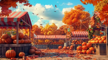 Poster - Illustrate a Halloween-themed farmers market, with stalls selling pumpkins, apples, and festive decorations, all under a crisp fall sky.