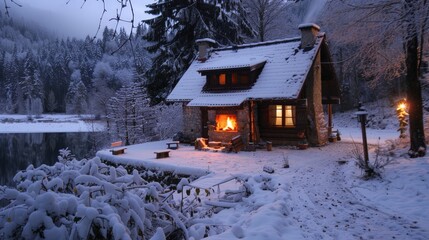 Canvas Print - Imagine the cozy ambiance of an isolated house during winter. Write about crackling fireplaces, snow-covered landscapes, and how snug interiors create a warm retreat from the cold.