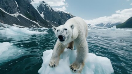 a solitary polar bear stands on a small piece of ice surrounded by icy waters and rugged mountains, 