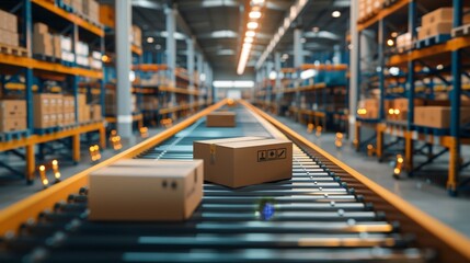 Poster - Inside a high-tech warehouse, conveyor belts transport packages to their designated areas.