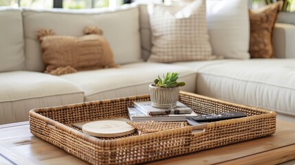 Sticker - Layering a woven tray on top of a coffee table to corral coasters and remote controls.