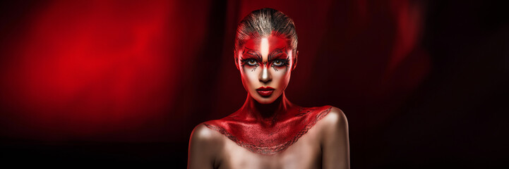 Poster - red body painting fashion portrait woman makeup