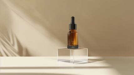 Amber dropper bottle on clear pedestal in well-lit space