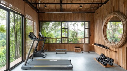 Poster - A modern and minimalist gym with wooden walls and a treadmill overlooking a tropical forest.