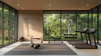 Poster - Modern home gym with treadmills, weights, and a large window overlooking a green forest.