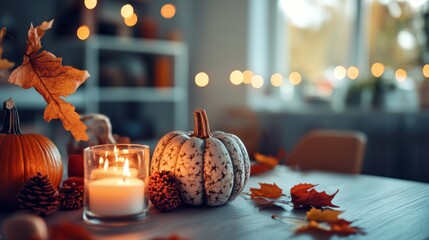 Wall Mural - Autumnal Tabletop Scene with Pumpkins, Leaves, and a Burning Candle.