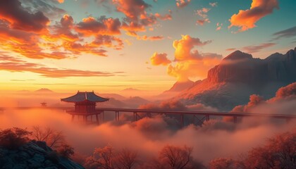 Wall Mural - Misty Mountaintop Pagoda at Sunset.