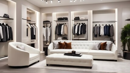 Wall Mural - Luxury store of men clothing with white sofa, male wardrobe interior