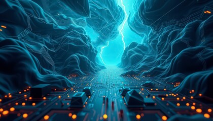 Wall Mural - Abstract Digital Landscape with Circuit Board Path and Lightning