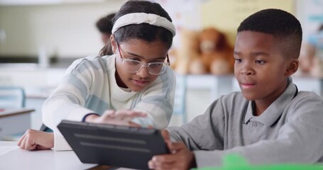 Poster - School kids, students and tablet in classroom for playing, learning and typing on digital software with interactive game. Children problem solving, friends or talking of teamwork and online education