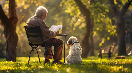 Elderly person sitting in the park with a dog