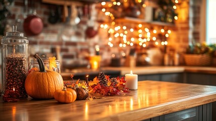 Canvas Print - A single lit candle, pumpkins, autumn leaves, and a jar of decorative items on a wooden table, with a warm, rustic kitchen in the background.