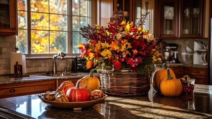 Poster - Autumnal centerpiece with gourds and pumpkins in a kitchen.