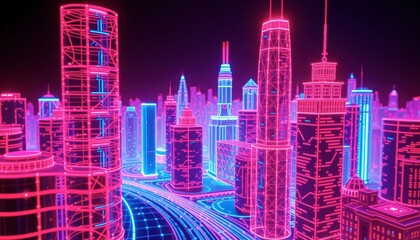 Wall Mural - Neon Cityscape.