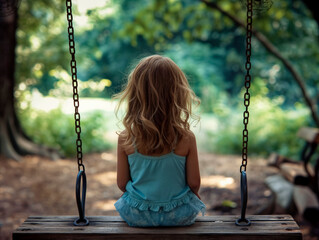 Wall Mural - A young girl sits on a swing in a park. The swing is suspended by chains and the girl is looking off into the distance. Concept of solitude and contemplation, as the girl seems to be lost in thought