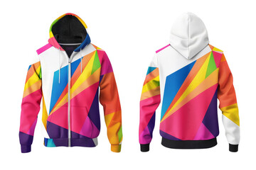 A full-zip hooded sweatshirt featuring a colorful front and back design, isolated on a clean white background with a mock-up fabric texture