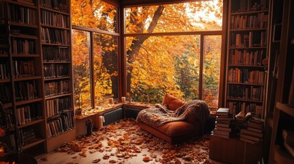 Wall Mural - Cozy Reading Nook with a View of Fall Foliage.