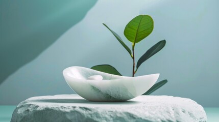 Wall Mural - Minimalist Marble Soap Dish with Leaf on Textured Stone Surface