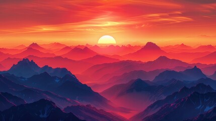 Wall Mural - Majestic Sunset Over Mountain Range - Dramatic scenic landscape with vibrant orange and red sky and dark silhouettes of peaks at twilight.