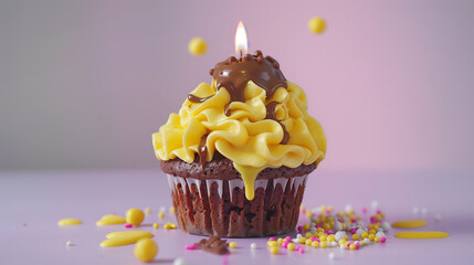 Wall Mural - A delicious cupcake topped with yellow frosting, chocolate drizzle, and a candle.