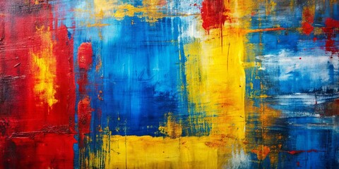 Blue paint strokes on a modern oil painting canvas with red and yellow accents