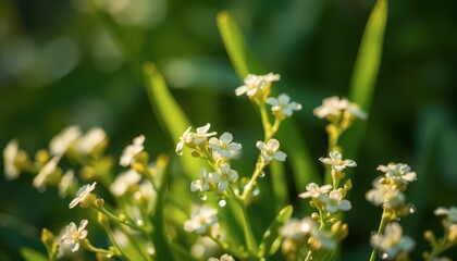 Poster - White Flowers with Water Droplets in Green Foliage.