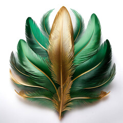 Set of Luxury emerald green and golden bird feather isolated on white background. glow effect.