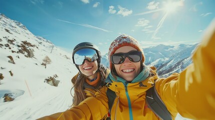 Couple enjoying a sunny day on a snowy mountain during a winter vacation