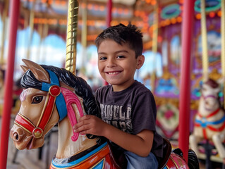 A young boy is riding a carousel horse with a cowboy shirt on. He is smiling and he is enjoying himself