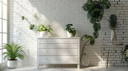 Wall Mural - White Dresser with Plants and Window in a White Brick Room