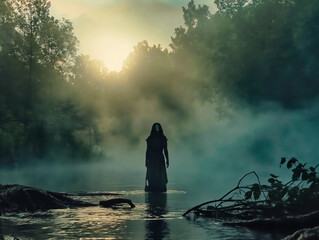 Canvas Print - A woman in a long dress stands in a foggy forest by a body of water. The atmosphere is eerie and mysterious, with the mist and the forest creating a sense of unease