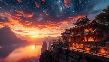 Canvas Print - Asian Temple on a Mountaintop at Sunset.