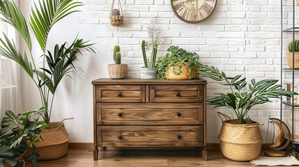 Wall Mural - Wooden Dresser with Plants and a Clock on a White Brick Wall