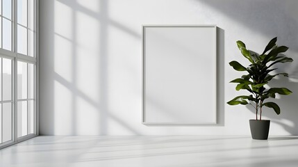 White frame with minimalist poster design on a plain white wall, soft shadows cast from natural light