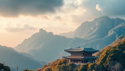 Poster - Serene Mountaintop Temple at Sunset