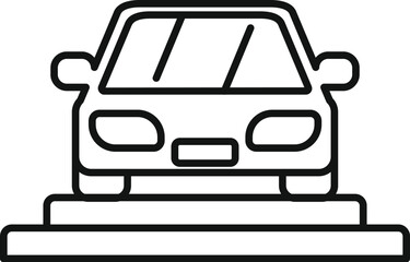 Poster - line icon of new car standing on platform for sale in car dealership showroom