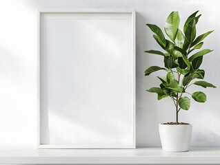 Minimalist poster in a white frame, displayed on a simple shelf with a single plant