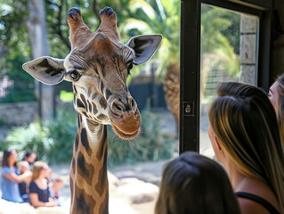 Canvas Print - A giraffe is looking at people through a window. The people are watching the giraffe and seem to be enjoying the experience