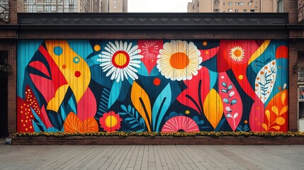 Colorful Floral Mural on a Brick Wall