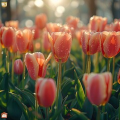 Wall Mural - Close-up of Pink Tulips with Dew Drops