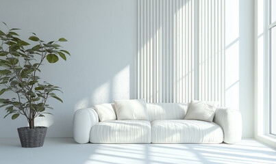 Wall Mural - 3d rendering, Minimalist interior design of a modern living room with a white sofa and decorative slats on the wall.