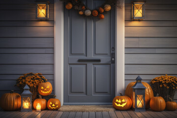 Wall Mural - The entrance to the house is decorated with jack-o'-lanterns, pumpkins and garlands.