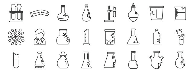 Poster - Broken laboratory glassware icons set. Scientist in a lab coat analyzing a variety of broken chemistry glassware