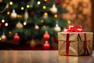 Red and gold gift box on table against decorated Christmas tree background.