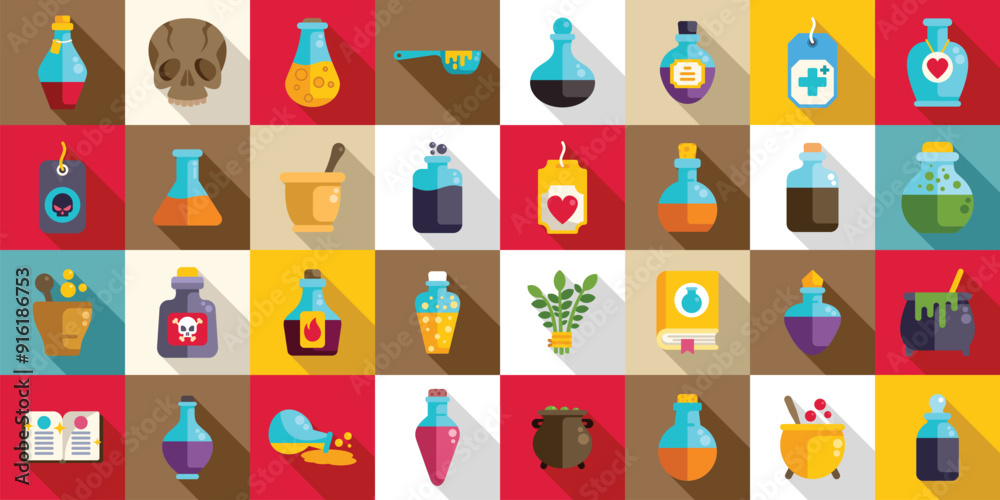 Elixir Making Tools Magic elixir icons set. Colorful collection of potion bottles ...